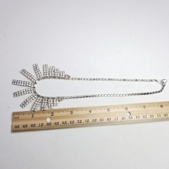 Vintage Rhinestone Fringe Style Collar Necklace, Retro Silver Tone Sparkle - Picture 4 of 6